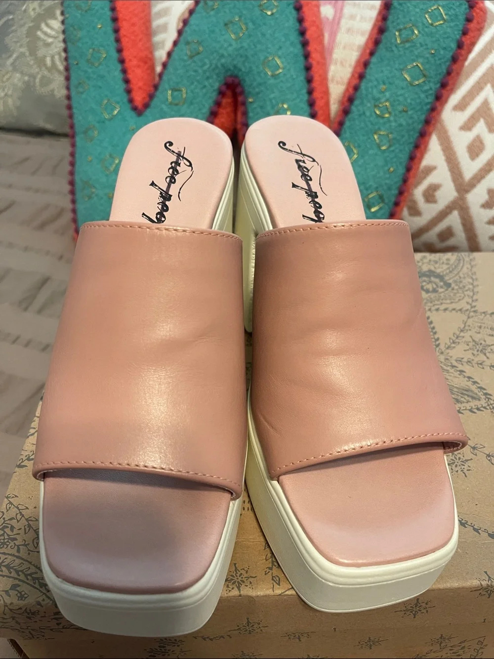 Free People Zoe Platform Slide Sandal in Blush Pink and Cream